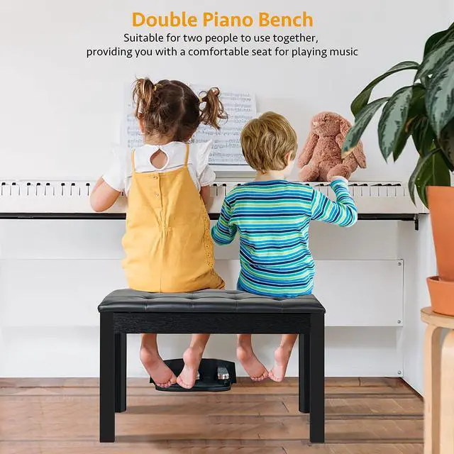 Alt view image 6 of 7 - Duet Piano Bench Wooden Keyboard Bench with Storage Compartment, 29'' Piano Chair Seat with Padded Cushion, Long Piano Stool Black