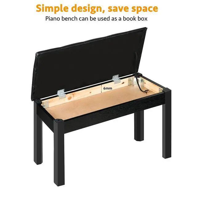 Alt view image 4 of 7 - Duet Piano Bench Wooden Keyboard Bench with Storage Compartment, 29'' Piano Chair Seat with Padded Cushion, Long Piano Stool Black