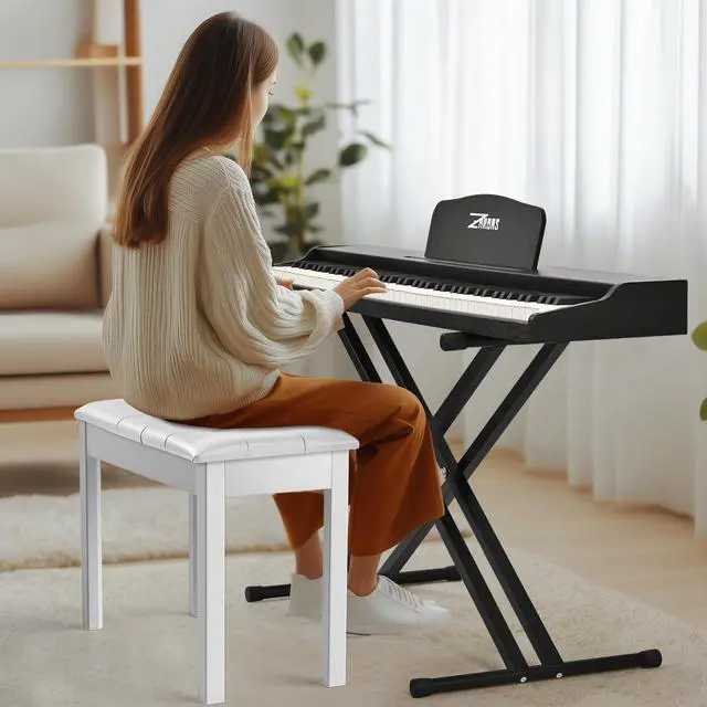 Alt view image 2 of 7 - Duet Piano Bench Wooden Keyboard Bench with Storage Compartment, 29'' White Piano Chair Seat with Padded Cushion