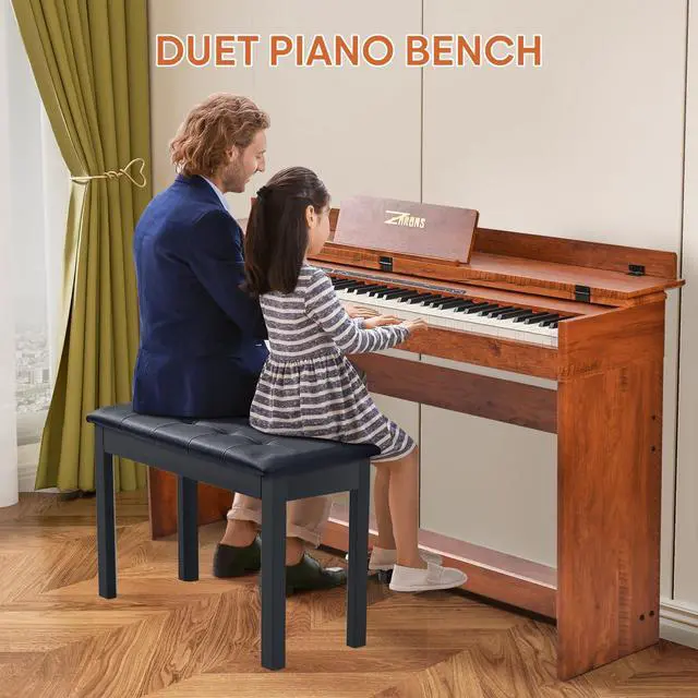 Alt view image 3 of 7 - Duet Piano Bench Wooden Keyboard Bench with Storage Compartment, 29'' Piano Chair Seat with Padded Cushion, Long Piano Stool Black