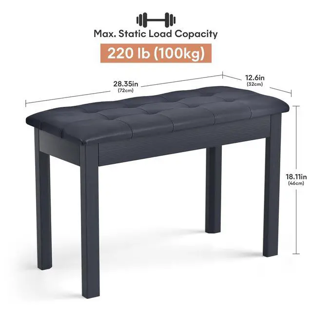 Alt view image 2 of 7 - Duet Piano Bench Wooden Keyboard Bench with Storage Compartment, 29'' Piano Chair Seat with Padded Cushion, Long Piano Stool Black