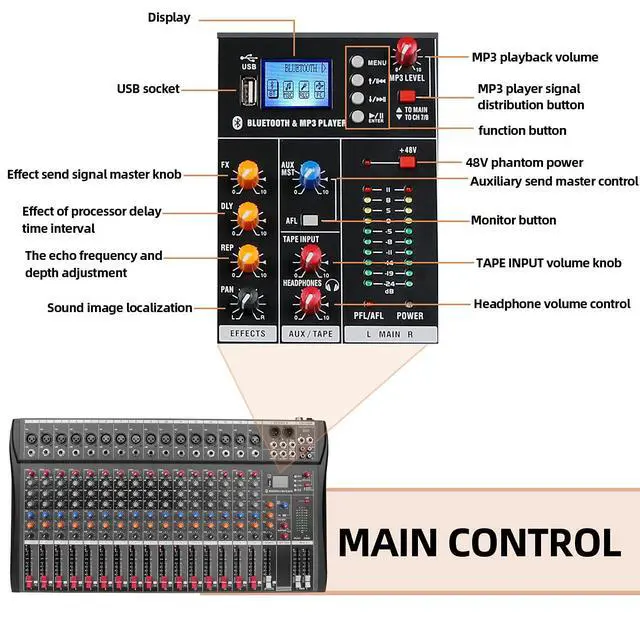 Alt view image 5 of 7 - Depensheng DX16 DJ Sound Controller Interface w/USB Drive for Computer Recording 16-Channel Studio Audio Mixer - XLR Microphone Jack, 48V Power, RCA Input/Output for Professional and Beginners