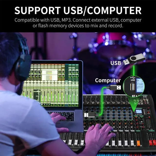 Alt view image 2 of 6 - 12 Channel Audio Mixer,Professional Sound Board DJ Mixer(CT120) | 48V Phantom Digital Effect,3-band EQ,Bluetooth DJ Mixing Console System,Sound Mixer for PC Podcast Studio Streaming Recording