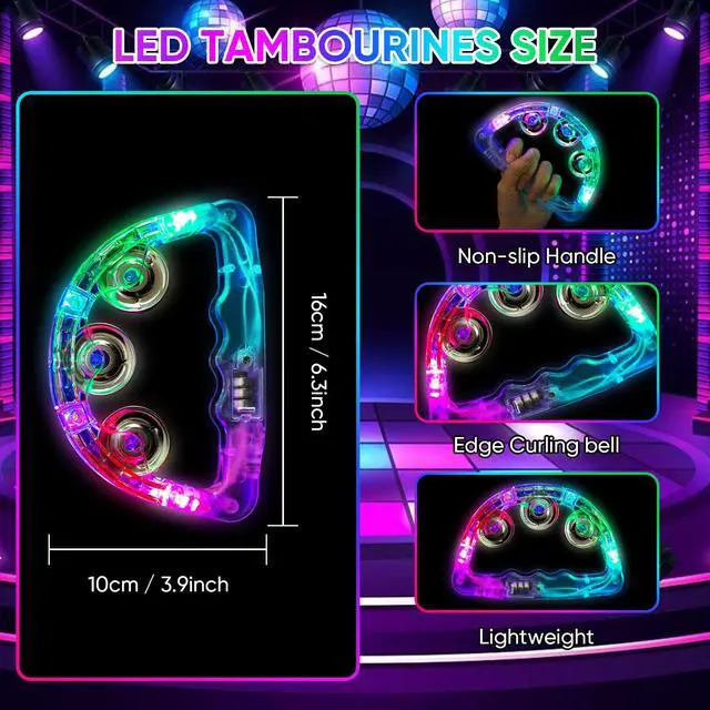 Alt view image 2 of 7 - LED Light Up Musical Tambourines: Handheld Music Flashing Tambourine Glow In The Dark Party Supplies - Led Tambourines Percussion Instrument for Adult Bar (White, 24 PCS)