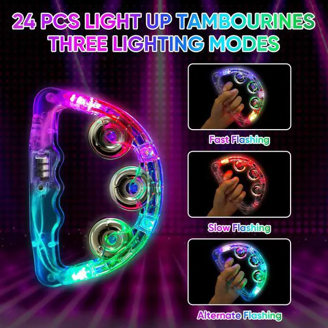 Alt view image 3 of 7 - LED Light Up Musical Tambourines: Handheld Music Flashing Tambourine Glow In The Dark Party Supplies - Led Tambourines Percussion Instrument for Adult Bar (White, 24 PCS)