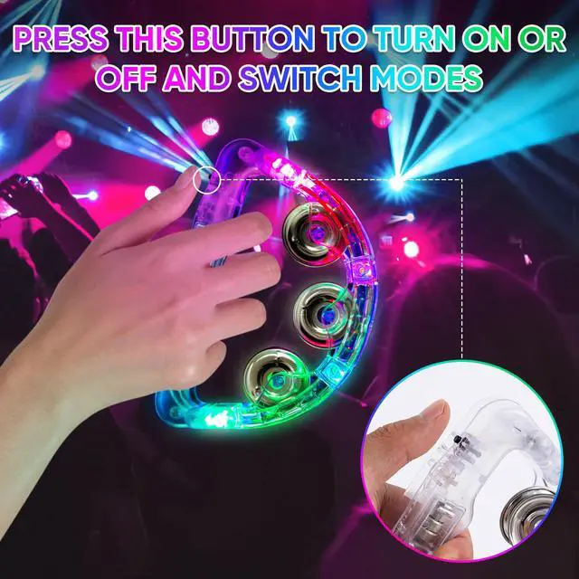 Alt view image 4 of 7 - LED Light Up Musical Tambourines: Handheld Music Flashing Tambourine Glow In The Dark Party Supplies - Led Tambourines Percussion Instrument for Adult Bar (White, 24 PCS)