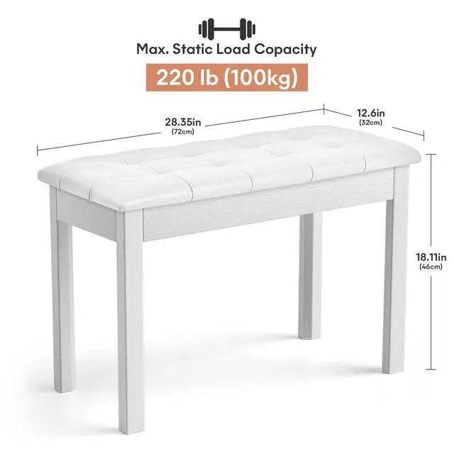 Alt view image 3 of 7 - Duet Piano Bench Wooden Keyboard Bench with Storage Compartment, 29'' White Piano Chair Seat with Padded Cushion