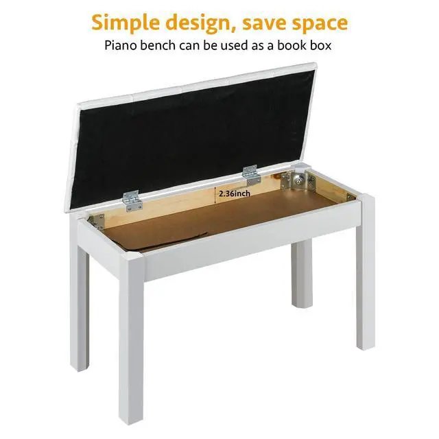 Alt view image 4 of 7 - Duet Piano Bench Wooden Keyboard Bench with Storage Compartment, 29'' White Piano Chair Seat with Padded Cushion