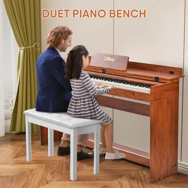 Alt view image 6 of 7 - Duet Piano Bench Wooden Keyboard Bench with Storage Compartment, 29'' White Piano Chair Seat with Padded Cushion