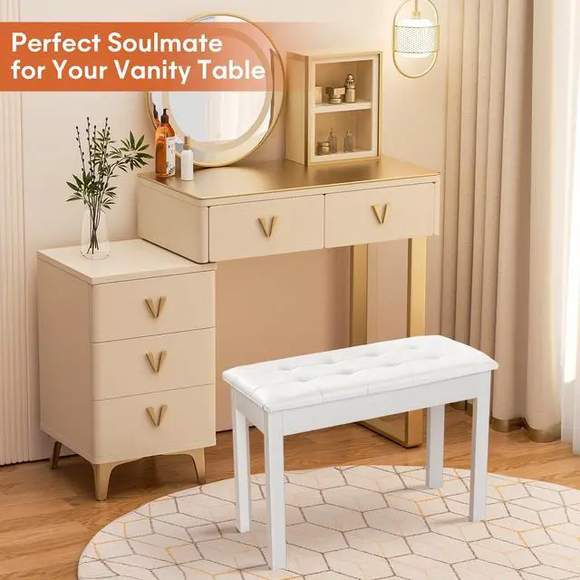 Alt view image 7 of 7 - Duet Piano Bench Wooden Keyboard Bench with Storage Compartment, 29'' White Piano Chair Seat with Padded Cushion