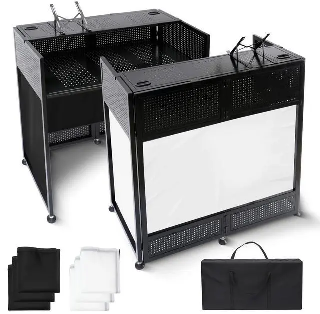 Main image of Portable DJ Booth Table, 41"L x 20"W DJ Table Stand Portable Booth Double Deck, Adjustable DJ Facade Station with White & Black Scrim, Foldable Metal Frame DJ Booth Panel for Parties, Wedding, Bars