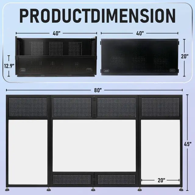 Alt view image 2 of 7 - Portable DJ Booth Table, 41"L x 20"W DJ Table Stand Portable Booth Double Deck, Adjustable DJ Facade Station with White & Black Scrim, Foldable Metal Frame DJ Booth Panel for Parties, Wedding, Bars