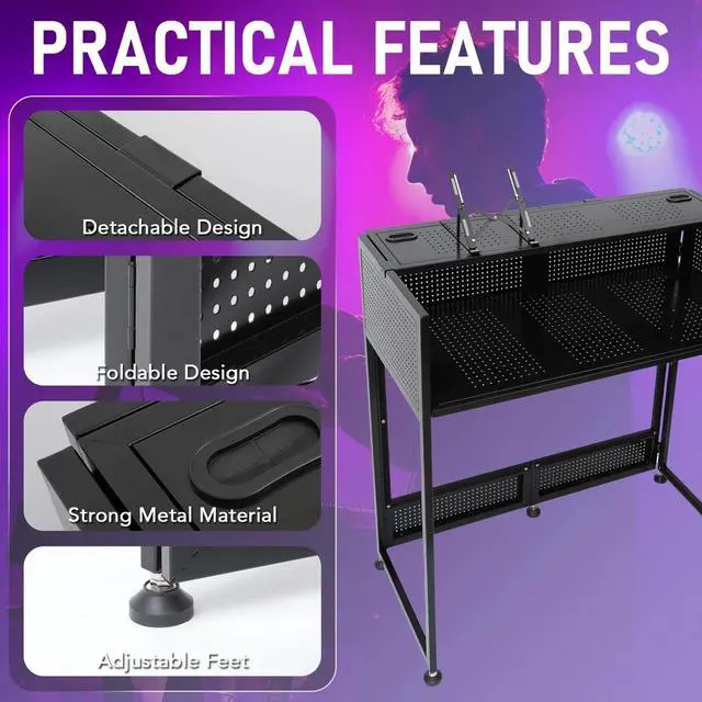 Alt view image 3 of 7 - Portable DJ Booth Table, 41"L x 20"W DJ Table Stand Portable Booth Double Deck, Adjustable DJ Facade Station with White & Black Scrim, Foldable Metal Frame DJ Booth Panel for Parties, Wedding, Bars