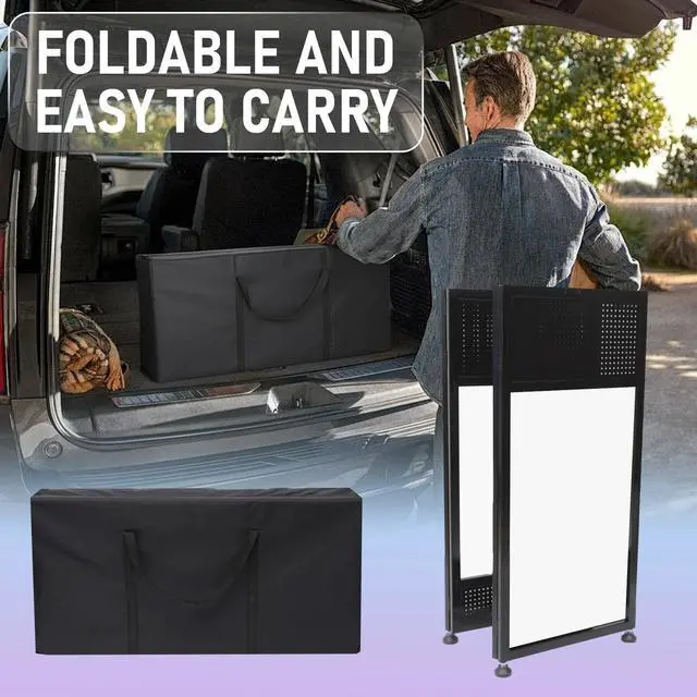 Alt view image 4 of 7 - Portable DJ Booth Table, 41"L x 20"W DJ Table Stand Portable Booth Double Deck, Adjustable DJ Facade Station with White & Black Scrim, Foldable Metal Frame DJ Booth Panel for Parties, Wedding, Bars