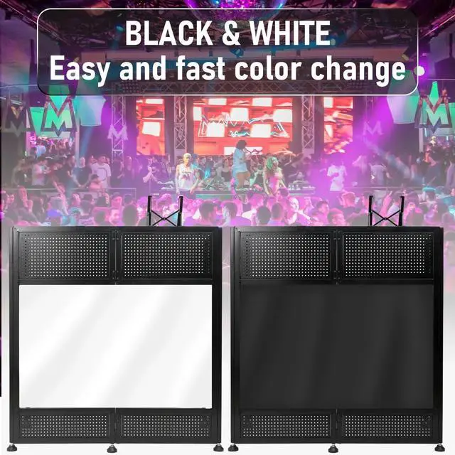Alt view image 5 of 7 - Portable DJ Booth Table, 41"L x 20"W DJ Table Stand Portable Booth Double Deck, Adjustable DJ Facade Station with White & Black Scrim, Foldable Metal Frame DJ Booth Panel for Parties, Wedding, Bars