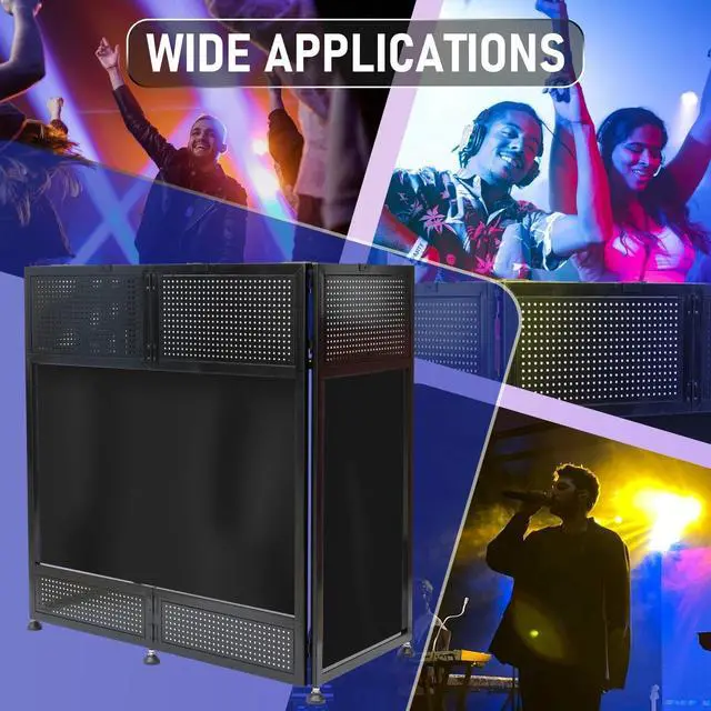 Alt view image 6 of 7 - Portable DJ Booth Table, 41"L x 20"W DJ Table Stand Portable Booth Double Deck, Adjustable DJ Facade Station with White & Black Scrim, Foldable Metal Frame DJ Booth Panel for Parties, Wedding, Bars