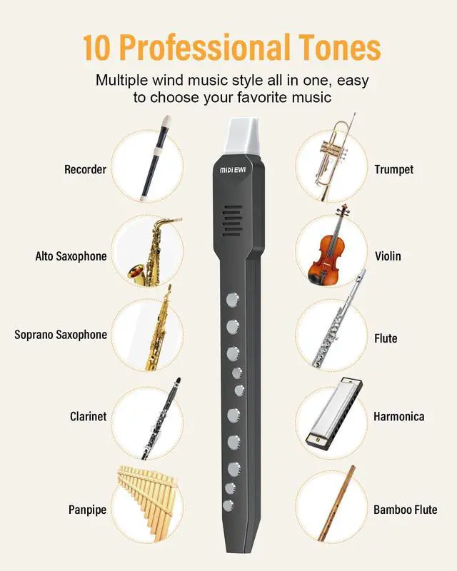 Alt view image 2 of 7 - Electronic Wind Instrument, DC02 Pro Digital Wind Instrument with 10 Musical Tones, MIDI Bluetooth, Built-in Battery, EWI Instrument for Beginners, Black