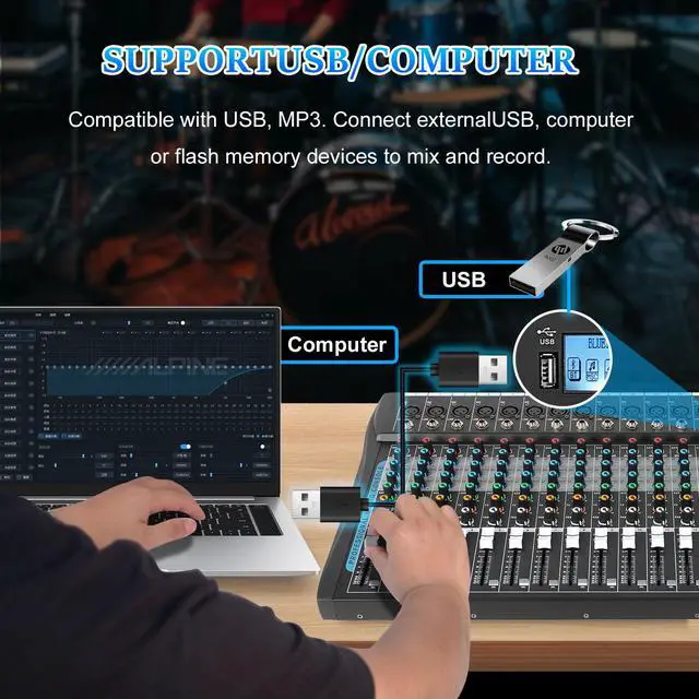 Alt view image 3 of 7 - 16 Channel Audio Interfacer Sound Board Mixer DJ Mixer 16-Bit DSP Effect USB Audio Mixer +48V Phantom Power Bluetooth Mixer for Karaoke Studio Streaming Recording,Live Streaming