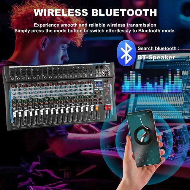 Alt view image 4 of 7 - 16 Channel Audio Interfacer Sound Board Mixer DJ Mixer 16-Bit DSP Effect USB Audio Mixer +48V Phantom Power Bluetooth Mixer for Karaoke Studio Streaming Recording,Live Streaming