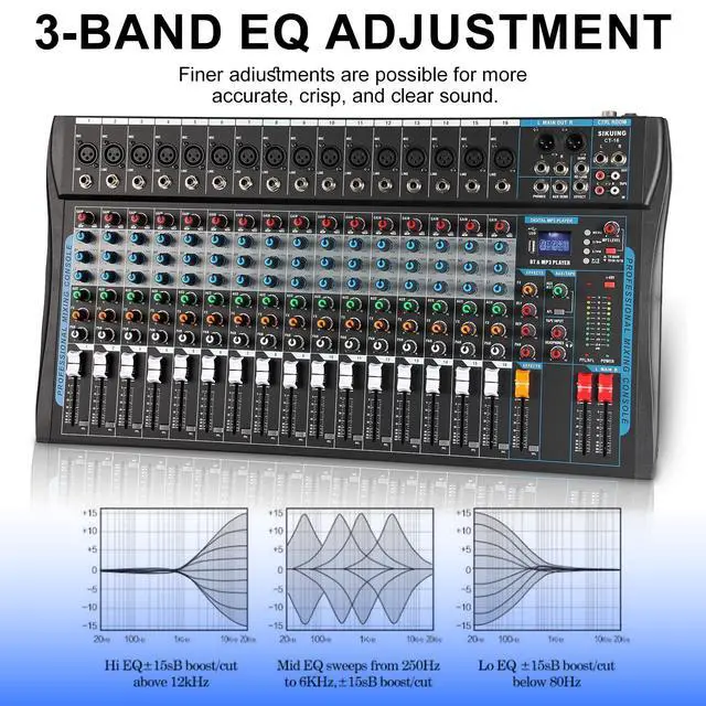 Alt view image 5 of 7 - 16 Channel Audio Interfacer Sound Board Mixer DJ Mixer 16-Bit DSP Effect USB Audio Mixer +48V Phantom Power Bluetooth Mixer for Karaoke Studio Streaming Recording,Live Streaming