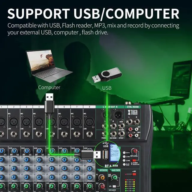 Alt view image 2 of 7 - 8 Channel Audio Mixer,Professional Digital Sound Board DJ Mixer(CT80) | 48V Phantom Digital Effect,3-band EQ,Bluetooth DJ Mixing Console System,Sound Mixer for PC Podcast Studio Streaming Recording