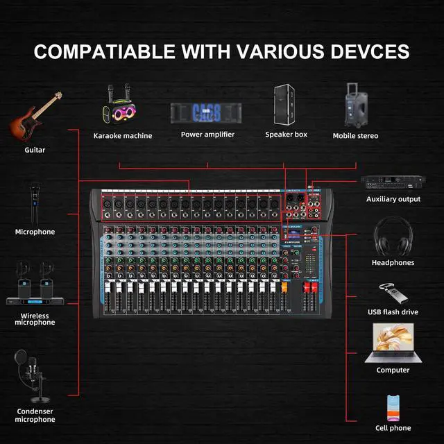 Alt view image 2 of 7 - 16 Channel Audio Interfacer Sound Board Mixer DJ Mixer 16-Bit DSP Effect USB Audio Mixer +48V Phantom Power Bluetooth Mixer for Karaoke Studio Streaming Recording,Live Streaming