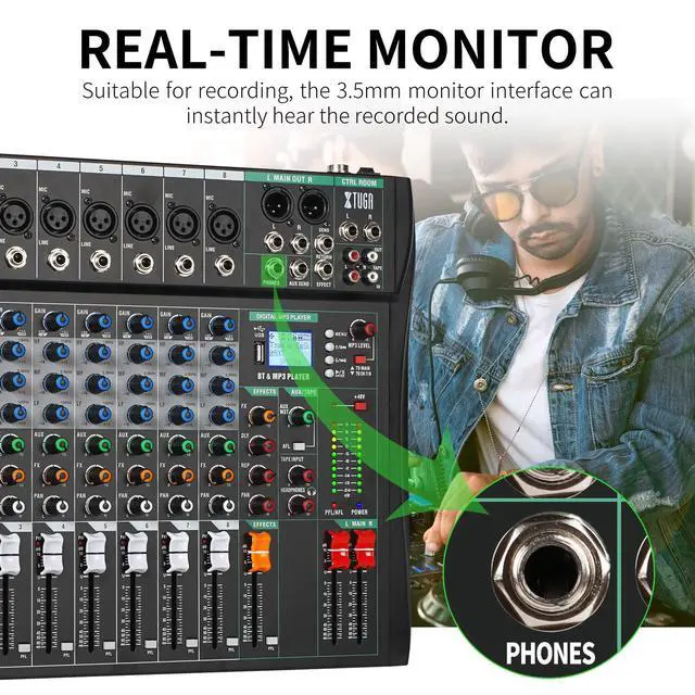 Alt view image 4 of 7 - 8 Channel Audio Mixer,Professional Digital Sound Board DJ Mixer(CT80) | 48V Phantom Digital Effect,3-band EQ,Bluetooth DJ Mixing Console System,Sound Mixer for PC Podcast Studio Streaming Recording