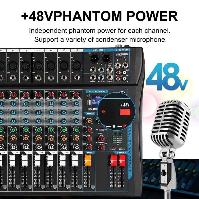 Alt view image 7 of 7 - 16 Channel Audio Interfacer Sound Board Mixer DJ Mixer 16-Bit DSP Effect USB Audio Mixer +48V Phantom Power Bluetooth Mixer for Karaoke Studio Streaming Recording,Live Streaming