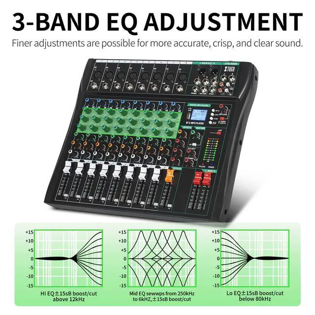 Alt view image 6 of 7 - 8 Channel Audio Mixer,Professional Digital Sound Board DJ Mixer(CT80) | 48V Phantom Digital Effect,3-band EQ,Bluetooth DJ Mixing Console System,Sound Mixer for PC Podcast Studio Streaming Recording