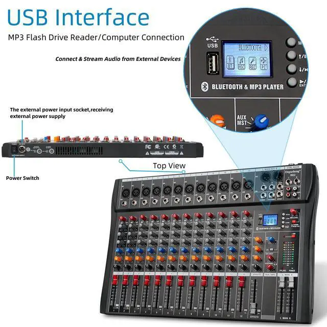 Alt view image 3 of 7 - Audio Mixer Professional 12 channel,DX12 Sound Board DJ Mixing Console System Interface USB MP3 Input Bluetooth 48V Phantom Power,Black, USB Audio Mixer for PC,for Studio Karaoke Live Music