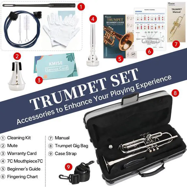 Alt view image 6 of 7 - Bb Standard Trumpet, Premium Brass Trumpets for Student Beginner, Trumpet Instrument Set with Upgraded Case, 7C Mouthpiece, Mute, Beginner's Guide Kit, Cleaning Kit (Nickel Plated)