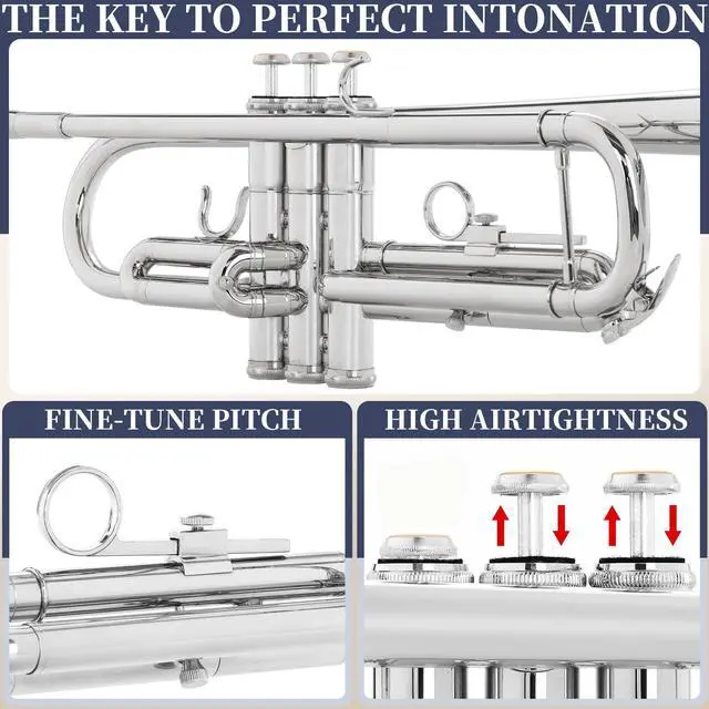 Alt view image 5 of 7 - Bb Standard Trumpet, Premium Brass Trumpets for Student Beginner, Trumpet Instrument Set with Upgraded Case, 7C Mouthpiece, Mute, Beginner's Guide Kit, Cleaning Kit (Nickel Plated)