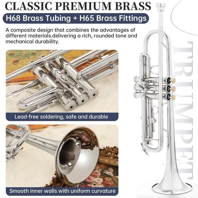 Alt view image 4 of 7 - Bb Standard Trumpet, Premium Brass Trumpets for Student Beginner, Trumpet Instrument Set with Upgraded Case, 7C Mouthpiece, Mute, Beginner's Guide Kit, Cleaning Kit (Nickel Plated)