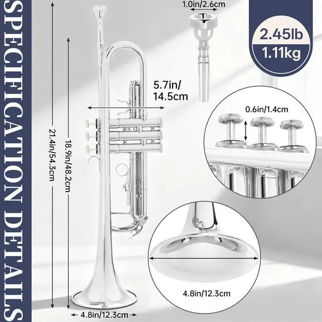 Alt view image 2 of 7 - Bb Standard Trumpet, Premium Brass Trumpets for Student Beginner, Trumpet Instrument Set with Upgraded Case, 7C Mouthpiece, Mute, Beginner's Guide Kit, Cleaning Kit (Nickel Plated)