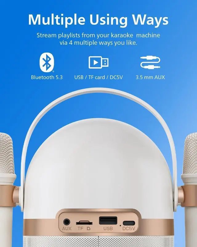 Alt view image 6 of 7 - S2508 Portable Karaoke Machine,Party Bluetooth Speaker with 2 Karaoke Microphones,7 H Battery,Multi-Colored Light Modes with Display Screen,6 Vocal Effects,USB,AUX or TF Card Input,Mini,White