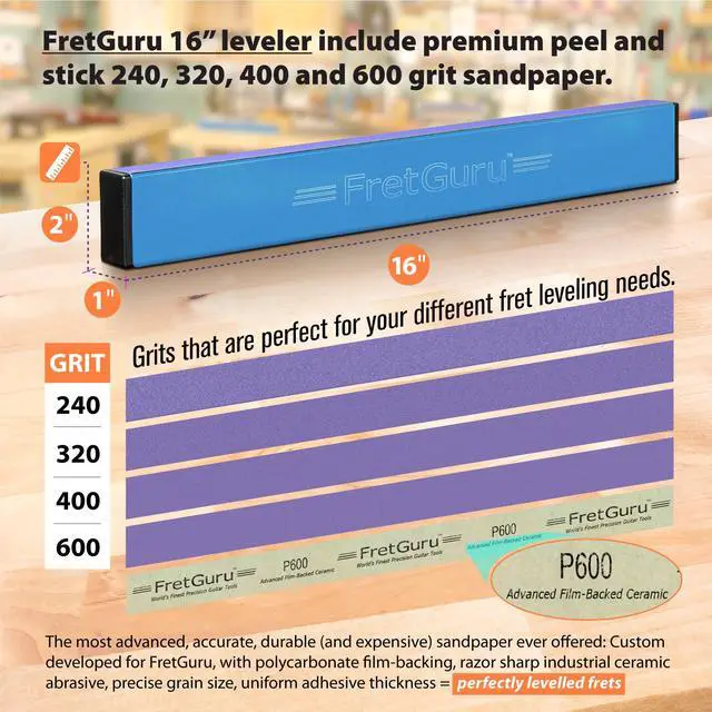 Alt view image 5 of 7 - Sanding Beam Fret Leveler (16" ~400mm) Professional guitar luthier leveling file includes 240, 320, 400, 600 Grit Advanced Film -Backed Ceramic Sandpaper naphtha based adhesive remover wipes
