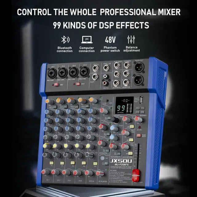 Alt view image 2 of 7 - 10-Channel Bluetooth Studio Mixer with USB Drive and XLR Mic Jack | Mixing board with 99DSP effects, 48V phantom power, stereo output, and USB drive input for karaoke, recording