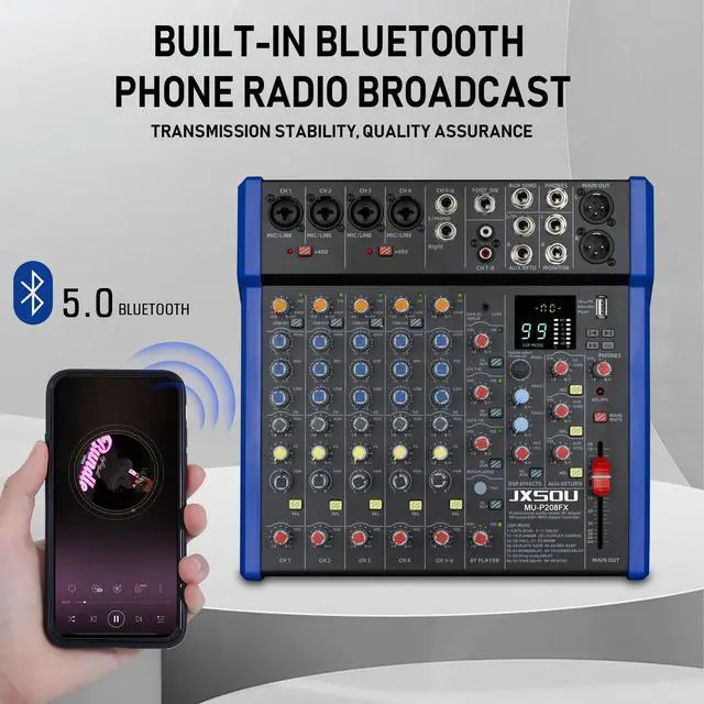 Alt view image 4 of 7 - 10-Channel Bluetooth Studio Mixer with USB Drive and XLR Mic Jack | Mixing board with 99DSP effects, 48V phantom power, stereo output, and USB drive input for karaoke, recording