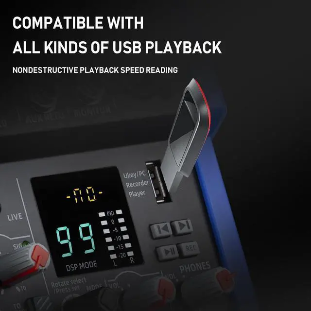 Alt view image 3 of 7 - 10-Channel Bluetooth Studio Mixer with USB Drive and XLR Mic Jack | Mixing board with 99DSP effects, 48V phantom power, stereo output, and USB drive input for karaoke, recording