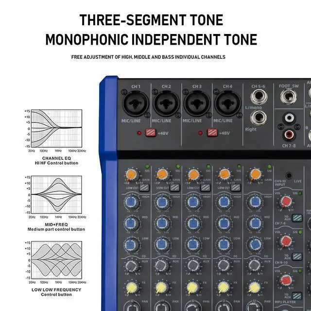 Alt view image 5 of 7 - 10-Channel Bluetooth Studio Mixer with USB Drive and XLR Mic Jack | Mixing board with 99DSP effects, 48V phantom power, stereo output, and USB drive input for karaoke, recording