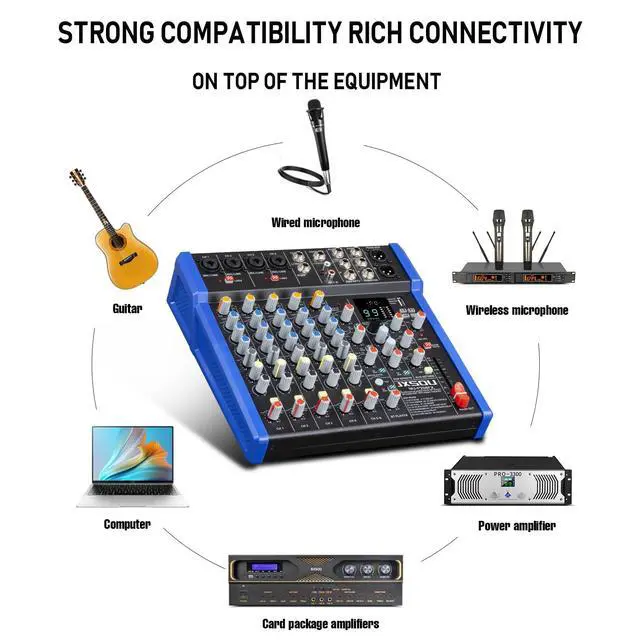 Alt view image 6 of 7 - 10-Channel Bluetooth Studio Mixer with USB Drive and XLR Mic Jack | Mixing board with 99DSP effects, 48V phantom power, stereo output, and USB drive input for karaoke, recording