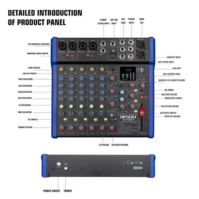 Alt view image 7 of 7 - 10-Channel Bluetooth Studio Mixer with USB Drive and XLR Mic Jack | Mixing board with 99DSP effects, 48V phantom power, stereo output, and USB drive input for karaoke, recording