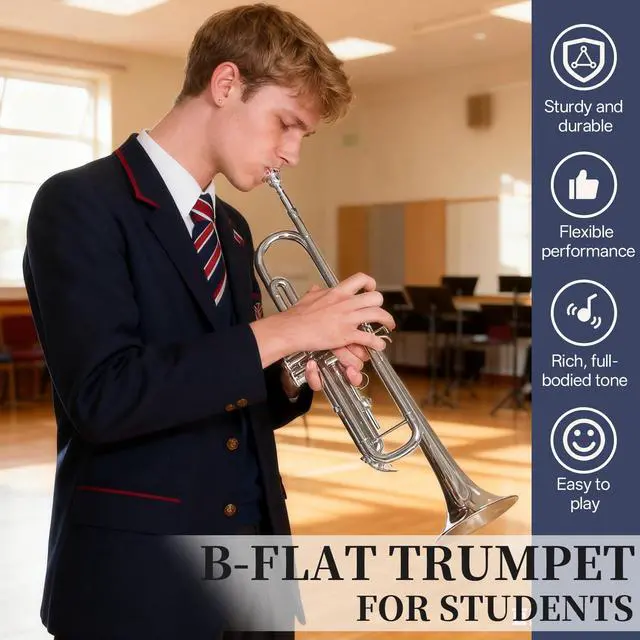 Alt view image 7 of 7 - Bb Standard Trumpet, Premium Brass Trumpets for Student Beginner, Trumpet Instrument Set with Upgraded Case, 7C Mouthpiece, Mute, Beginner's Guide Kit, Cleaning Kit (Nickel Plated)