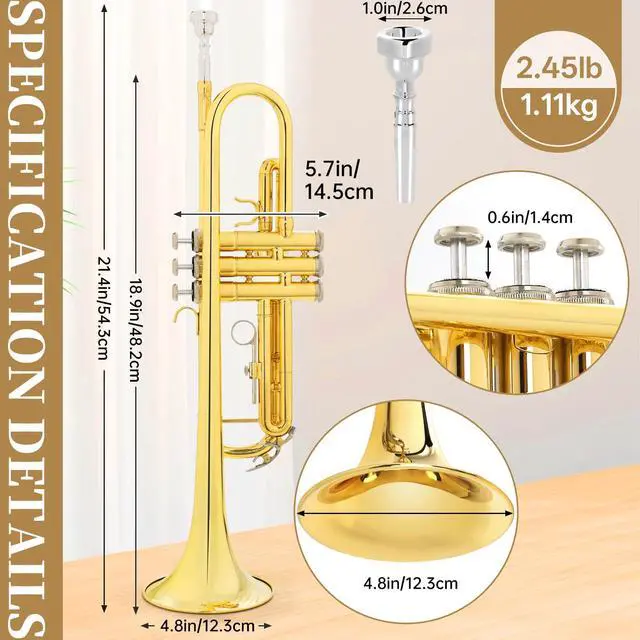 Alt view image 2 of 7 - Bb Standard Trumpet, Premium Brass Trumpets for Student Beginner, Trumpet Instrument Set with Upgraded Case, 7C Mouthpiece, Mute, Beginner's Guide Kit, Cleaning Kit (Gold)