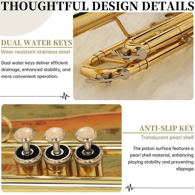 Alt view image 3 of 7 - Bb Standard Trumpet, Premium Brass Trumpets for Student Beginner, Trumpet Instrument Set with Upgraded Case, 7C Mouthpiece, Mute, Beginner's Guide Kit, Cleaning Kit (Gold)