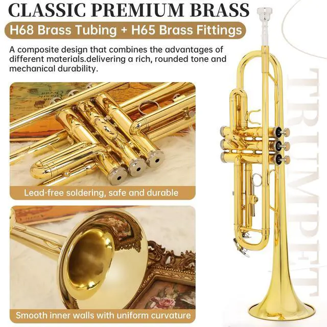 Alt view image 4 of 7 - Bb Standard Trumpet, Premium Brass Trumpets for Student Beginner, Trumpet Instrument Set with Upgraded Case, 7C Mouthpiece, Mute, Beginner's Guide Kit, Cleaning Kit (Gold)