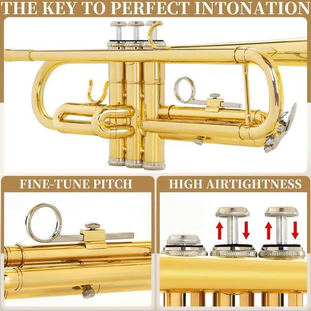 Alt view image 5 of 7 - Bb Standard Trumpet, Premium Brass Trumpets for Student Beginner, Trumpet Instrument Set with Upgraded Case, 7C Mouthpiece, Mute, Beginner's Guide Kit, Cleaning Kit (Gold)