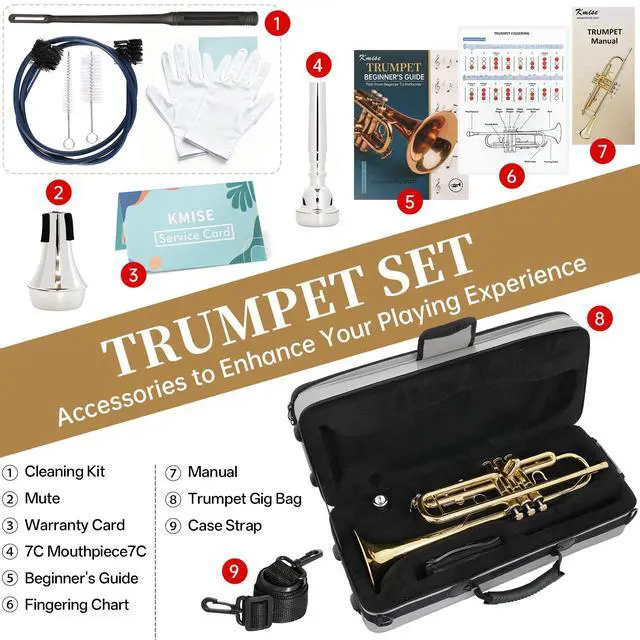 Alt view image 6 of 7 - Bb Standard Trumpet, Premium Brass Trumpets for Student Beginner, Trumpet Instrument Set with Upgraded Case, 7C Mouthpiece, Mute, Beginner's Guide Kit, Cleaning Kit (Gold)