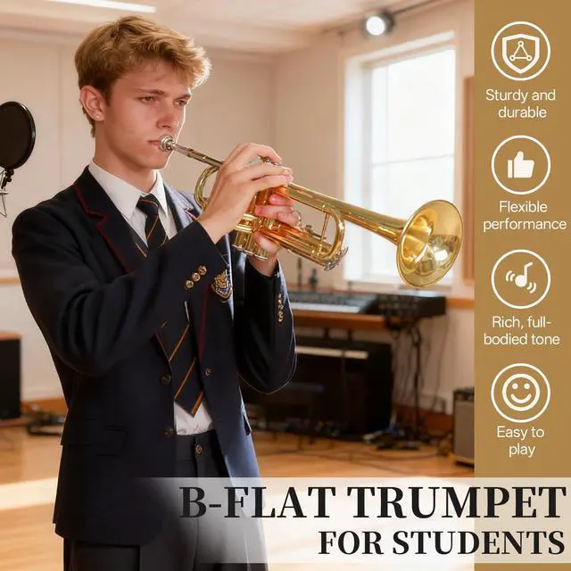 Alt view image 7 of 7 - Bb Standard Trumpet, Premium Brass Trumpets for Student Beginner, Trumpet Instrument Set with Upgraded Case, 7C Mouthpiece, Mute, Beginner's Guide Kit, Cleaning Kit (Gold)
