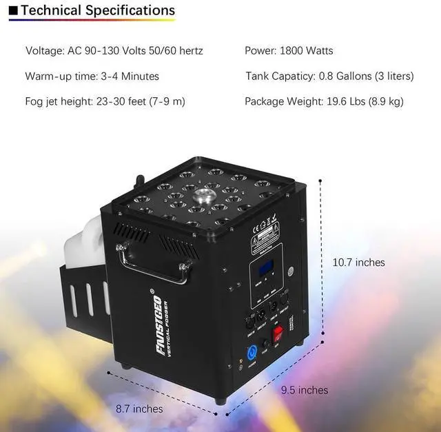 Alt view image 6 of 7 - Vertical Fog Machine 1800W with Remote & DMX Control, Timer | 8 Inner & 12 Outer Independent LEDs, Multi Light Modes for Stage Performances, Halloween, Gender Reveal Parties